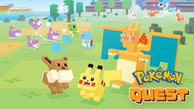 Eevee, Pikachu, and Charizard are seen in a field next to the Pokemon Quest logo.
