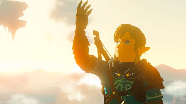 Link, wearing the Champion's Leathers, looks up.