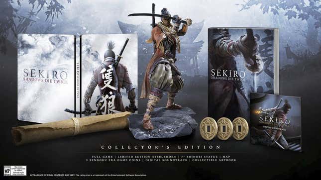 Promotional art for Sekiro's collector's edition shows a figure of the protagonist as well as other collectibles.