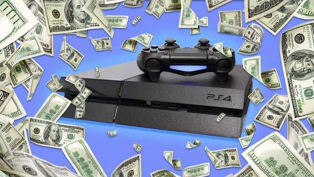 A PS4 is surrounded by tons of money.