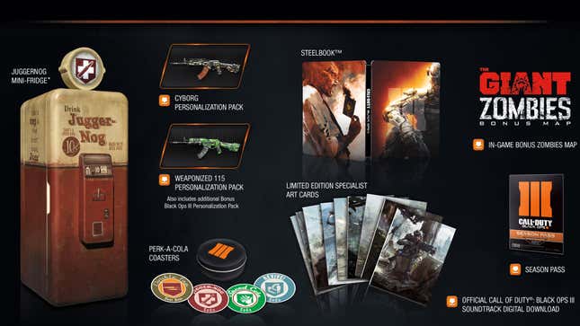 Promotional art for the Call of Duty Black Ops III Juggernog edition shows a mini-fridge and collectables.