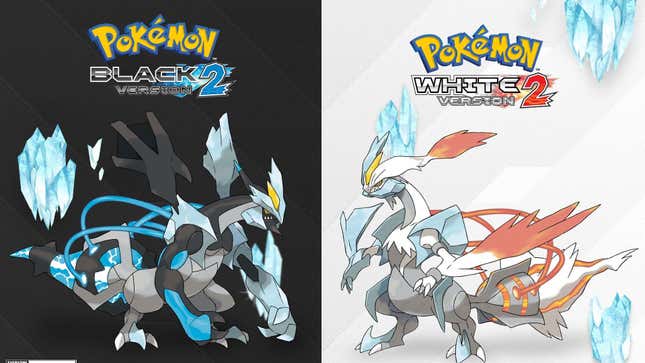 Both forms of Kyurem are seen standing against a black and white backdrop.