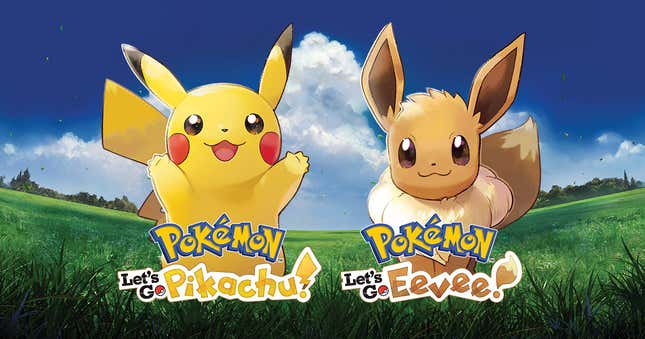 Pikachu and Eevee are seen on a field with the Let's Go logos.