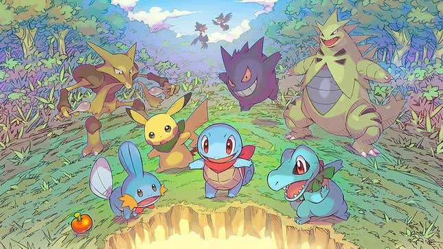 Alakazam, Pikachu, Mudkip, Squirtle, Totodile, Gengar, and Tyranitar are seen approaching a hole in the ground.