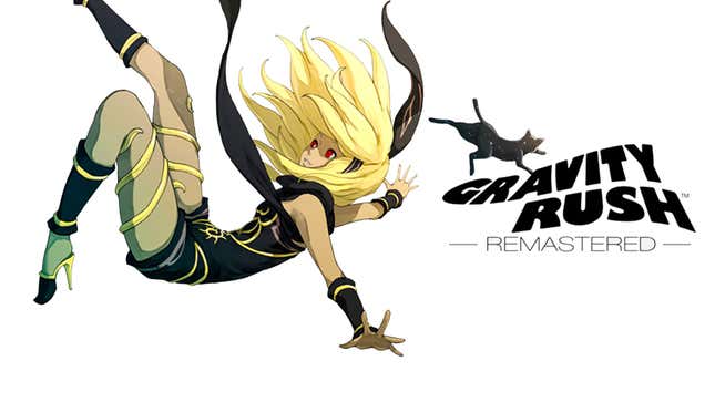 Protagonist Kat falls next to a logo for Gravity Rush.