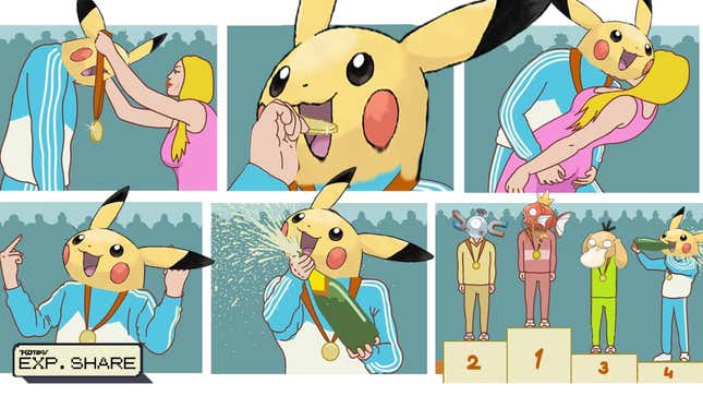 Pikachu is seen celebrating his fourth place win behind Magikarp, Magnemite, and Psyduck.