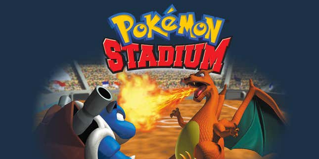 Charizard and Blastoise are seen fighting with the Pokemon Stadium logo above.