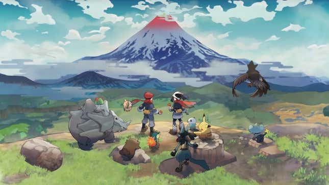 Trainers and various Pokemon are seen looking at Mt. Coronet.