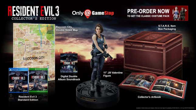 Promotional art for the collector's edition of Resident Evil 3 shows a Jill Valentine figure and collectible art.